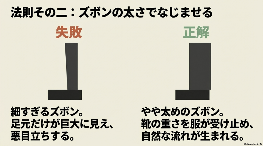 細すぎるズボン（失敗）と、やや太めのズボン（正解）の比較イラスト。