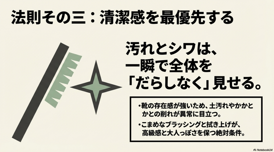 汚れやシワがだらしなく見える原因になるため、ブラッシングが必須であることを説くスライド。