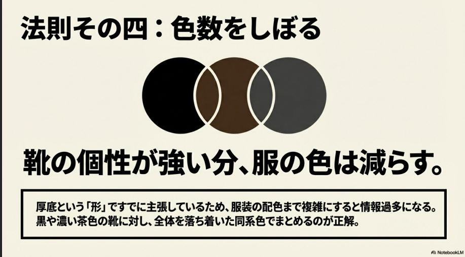 服装の色数を減らし、同系色でまとめることで靴の主張をなじませる解説スライド。