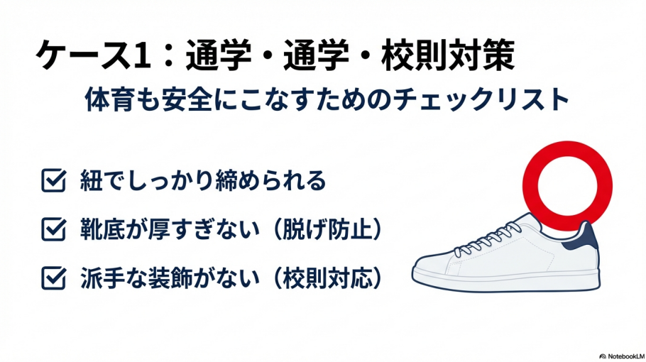 紐で締められるか、底が厚すぎないか、派手な装飾がないかを示す学校生活向けの靴選びリスト。