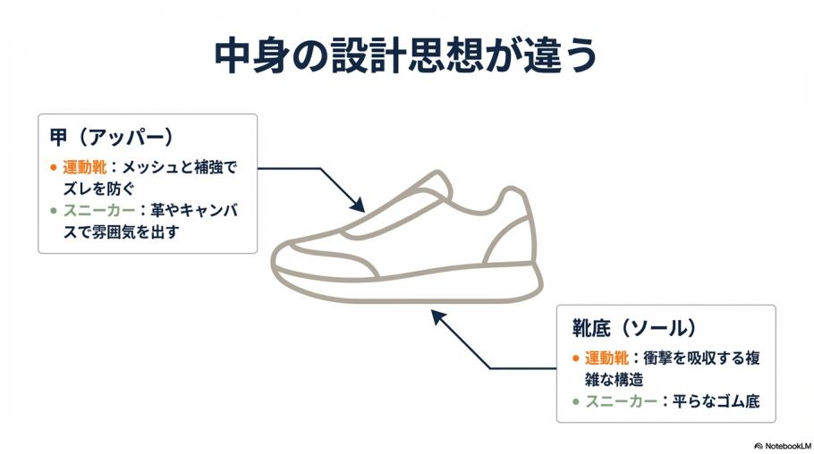 運動靴のメッシュ補強と複雑なソール構造、スニーカーの革・キャンバス素材と平らなゴム底の違いを説明する図。