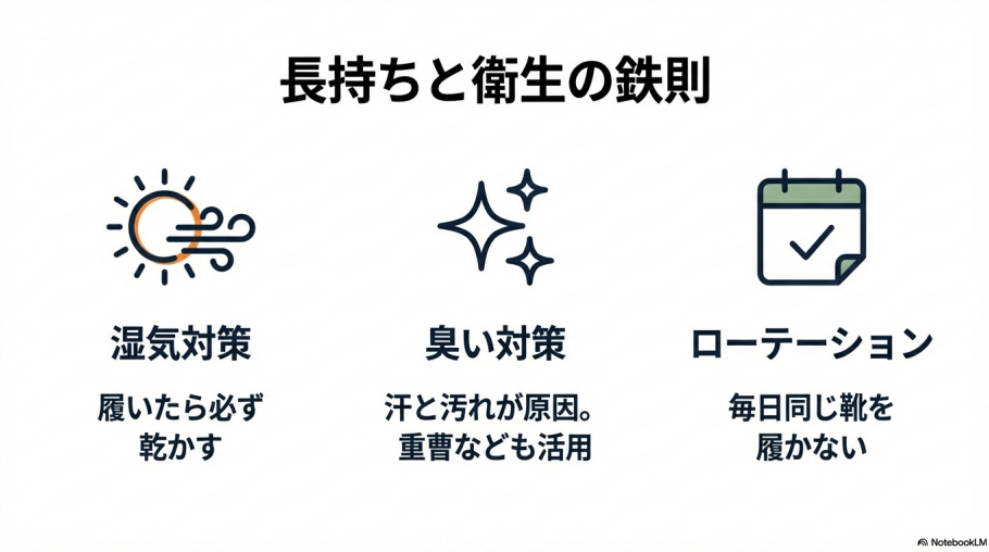 履いたら乾かす湿気対策、重曹を活用した臭い対策、毎日同じ靴を履かないローテーションの重要性を示すアイコン。