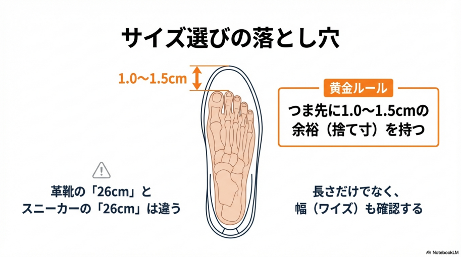 つま先に1.0〜1.5cmの余裕(捨て寸)を持ち、長さだけでなく幅(ワイズ)も確認することを示すサイズ選びの図解。