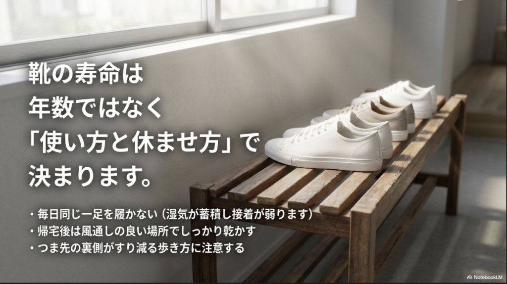 毎日履かずに休ませ、乾燥させることで接着を維持するメンテナンス方法