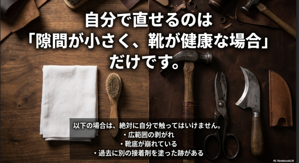 広範囲の剥がれや靴底の崩れなど、専門家に任せるべき基準のまとめ