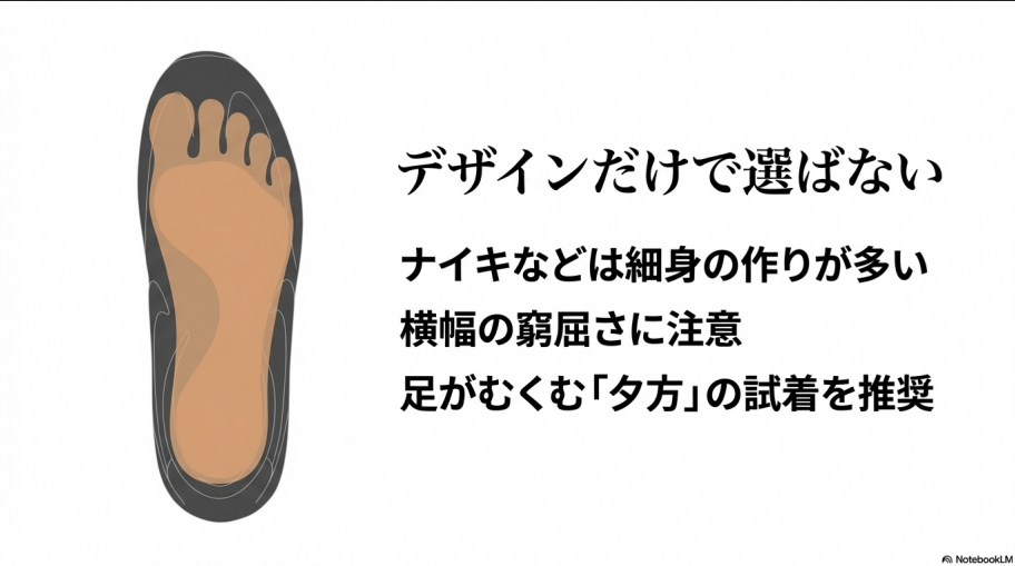 足型と靴の形の不一致や、夕方の試着を推奨する内容を描いた足のイラスト。