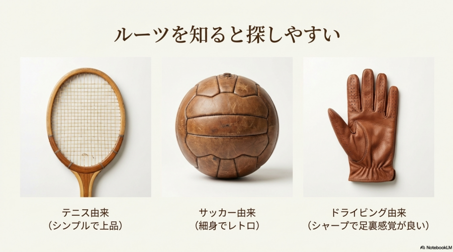 テニス、サッカー、ドライビングといったスポーツのルーツごとにスニーカーの特徴を解説した図。