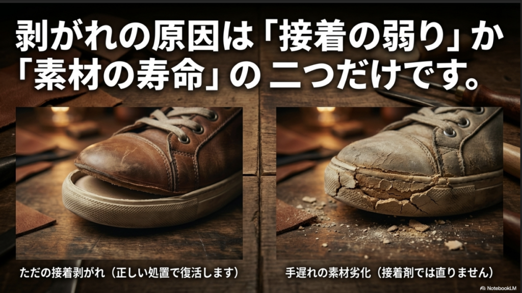 なる接着剥がれと、ボロボロに崩れた寿命(素材劣化)の状態を比較した写真