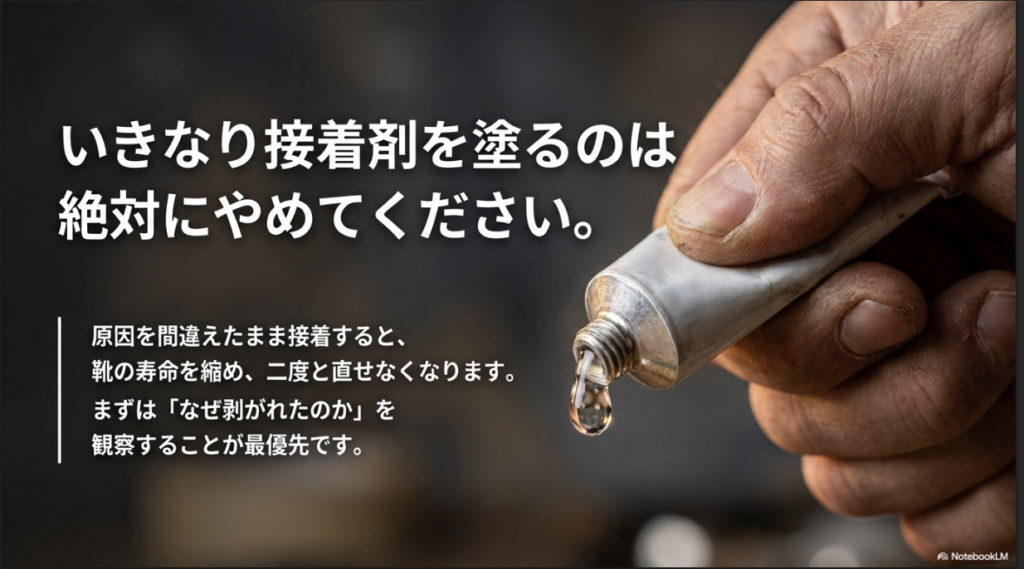 接着剤を塗る前に、なぜ剥がれたのかを観察することを推奨する画像