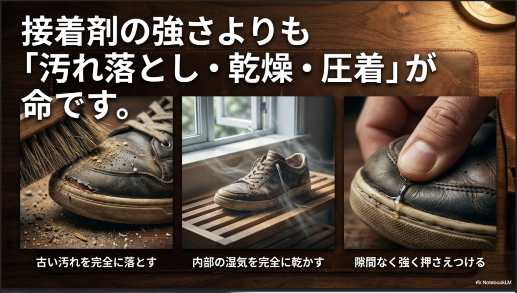 古い汚れを落とし、湿気を乾かし、強く押さえつける重要性の図解