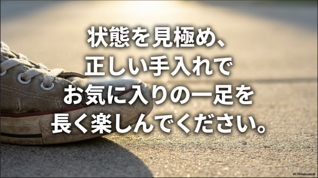 正しい手入れでスニーカーを長く楽しむことを促すメッセージ画像