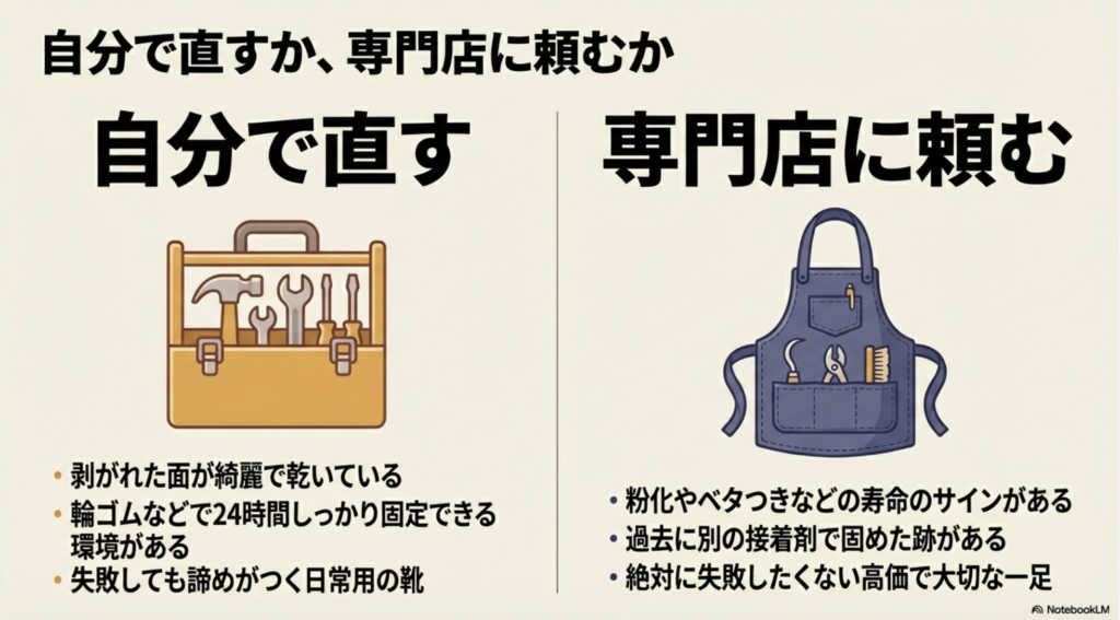 自分で修理できるケースと、専門店に依頼すべきケースのチェックリストをまとめた画像