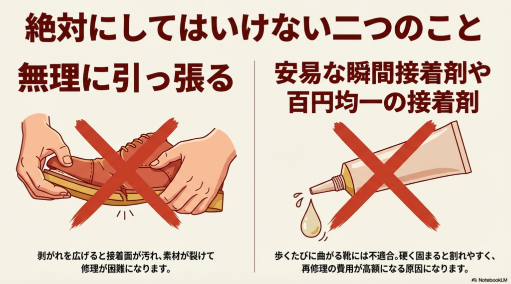 スニーカー修理で無理に剥がれを広げたり、不適切な接着剤を使用することの弊害を説明する画像