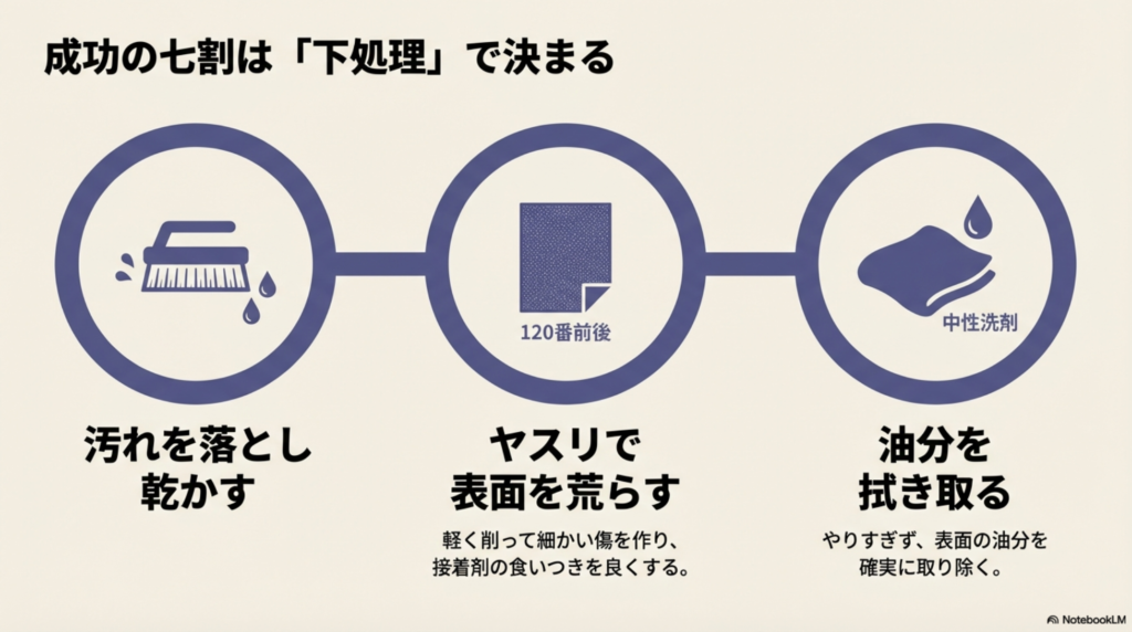 修理の成功率を高めるための汚れ落とし、ヤスリがけ、脱脂の3ステップを説明する画像
