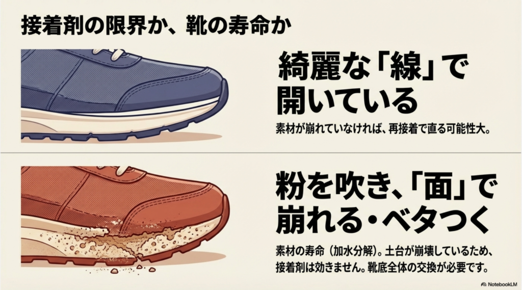 スニーカーの剥がれが綺麗な線であるか、加水分解で粉状に崩れているかを見分ける基準を説明する画像