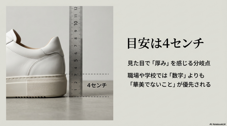 スニーカーのソールを定規で測り、4cmが厚みの分岐点であることを説明する図解。