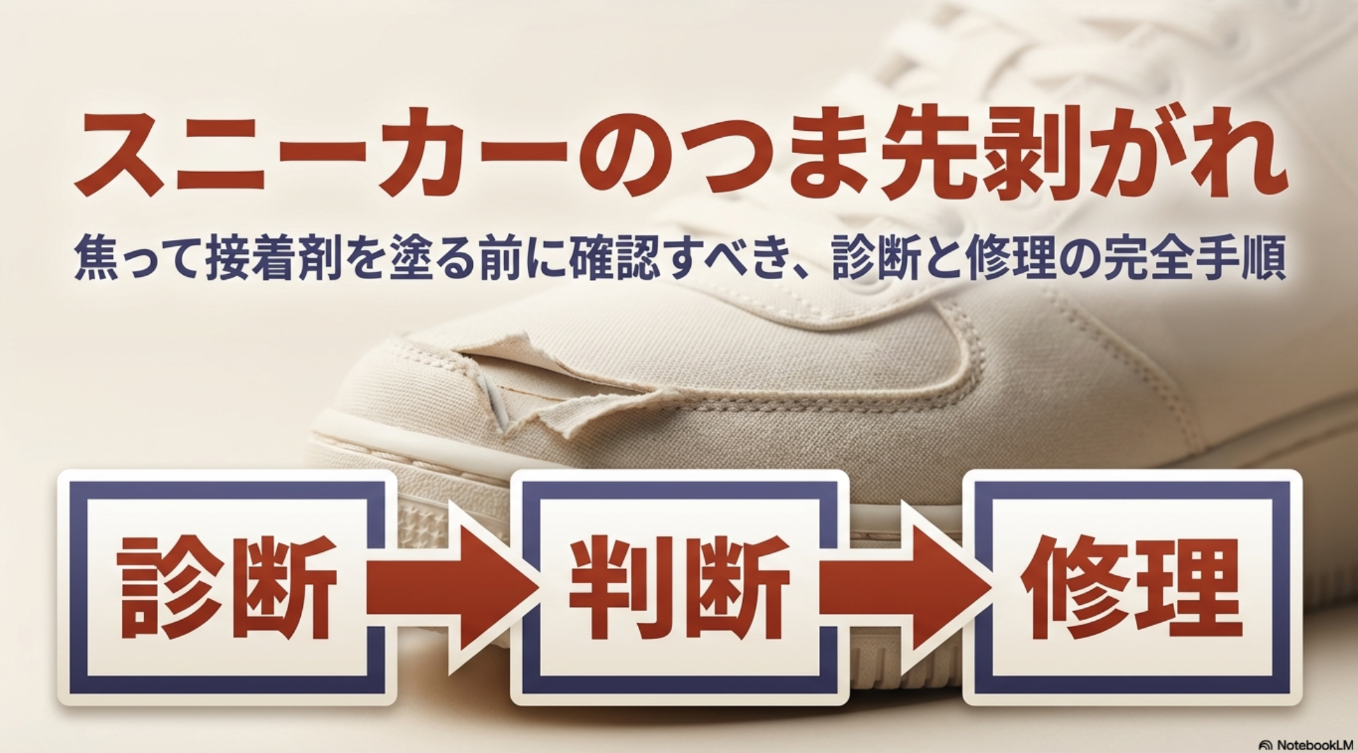 スニーカーのつま先剥がれ修理における診断・判断・修理の全体手順を説明するタイトル画像