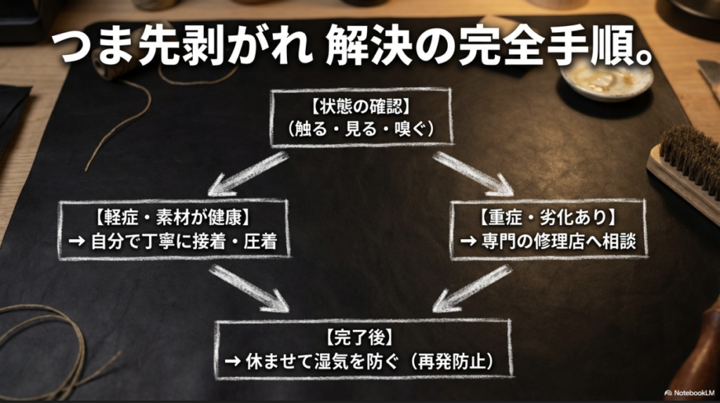 状態確認、セルフ修理、専門店相談、再発防止の全体工程フロー