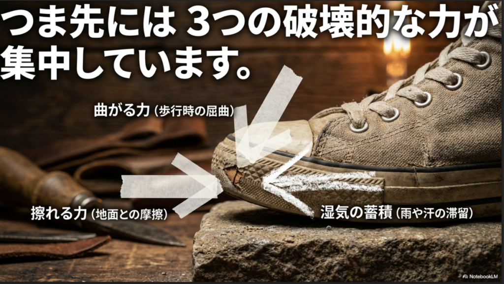 歩行時の曲がる力、地面との摩擦、湿気がつま先剥がれの原因であることを示す図解