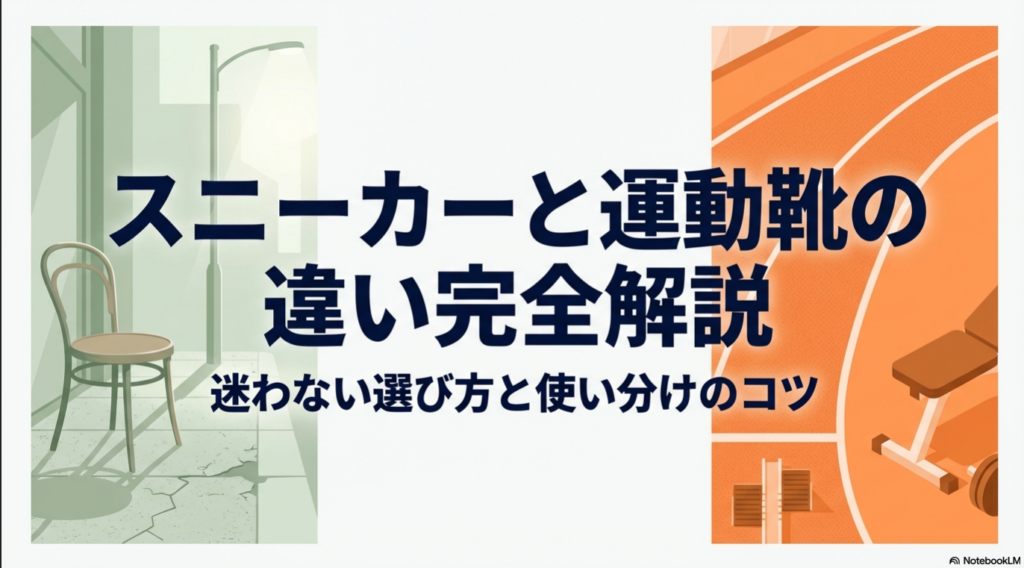 スニーカーと運動靴の違い、選び方、使い分けのコツを解説するガイドの表紙画像。