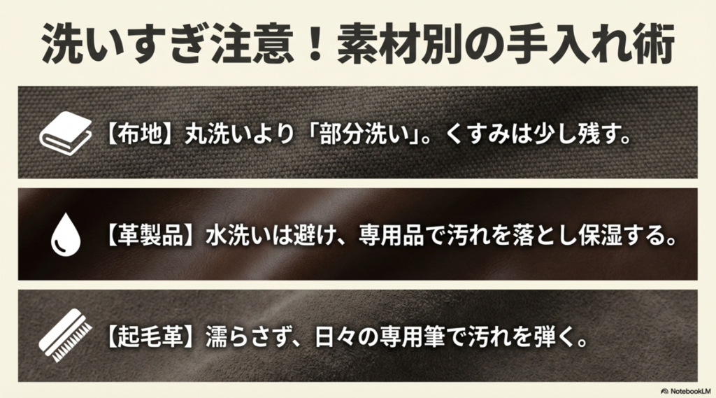 布地（部分洗い）、革製品（保湿）、起毛革（専用筆）といった、素材に合わせた適切な汚れの落とし方。