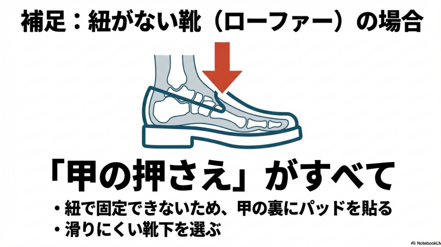 紐がないローファーでは「甲の押さえ」が重要であり、甲あてパッドや滑りにくい靴下を使うことを説明するスライド。