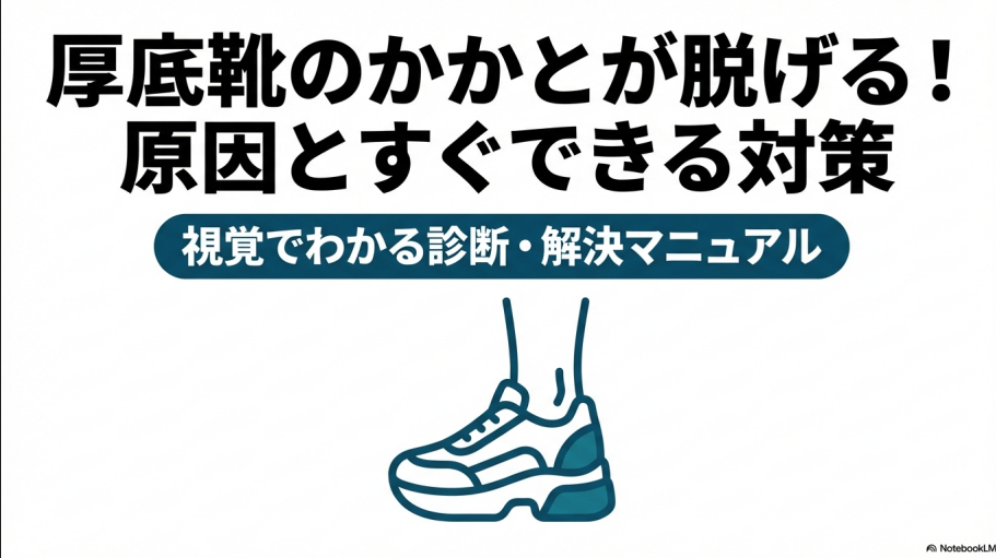 厚底スニーカーのかかとが脱げる原因とすぐできる対策を解説するスライドの表紙。スニーカーを履いた足のイラスト