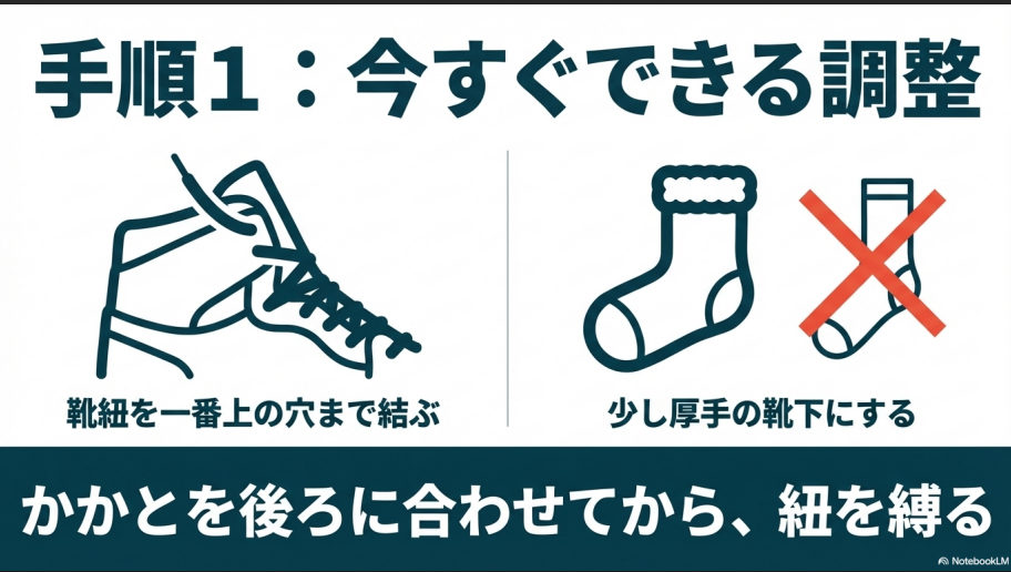 靴紐を一番上の穴まで結ぶこと、厚手の靴下を選ぶこと、かかとを後ろに合わせてから紐を縛ることを説明する図解スライド。