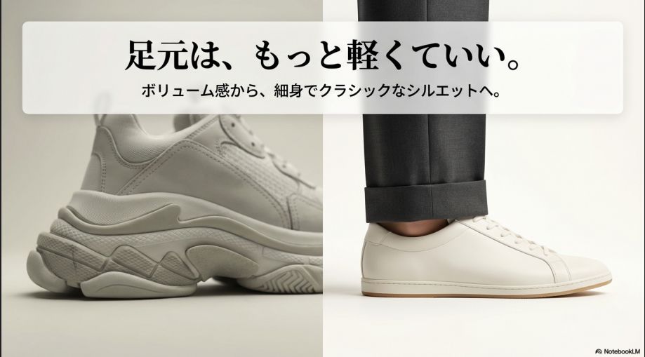 厚底スニーカーの接写画像と、「足元はもっと軽くていい」というキャッチコピーのスライド。