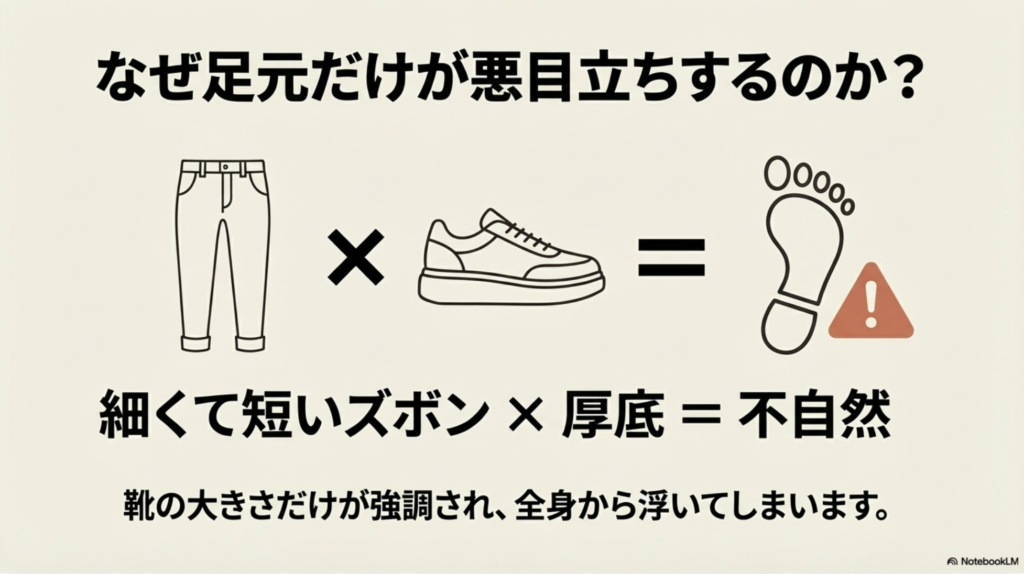 細くて短いズボンと厚底スニーカーを組み合わせると、足元だけが強調されて不自然に見えることを解説するイラスト。