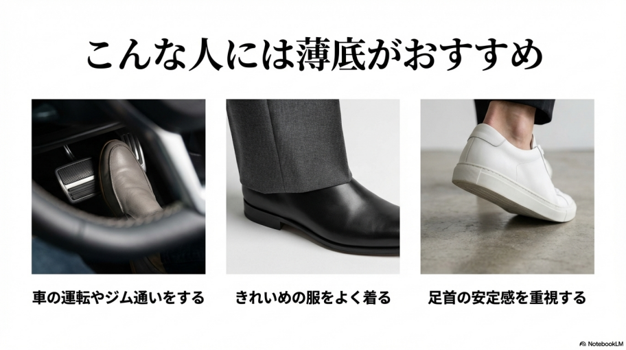 車の運転、きれいめコーデ、足首の安定感を重視する人に薄底がおすすめであることを示す画像。