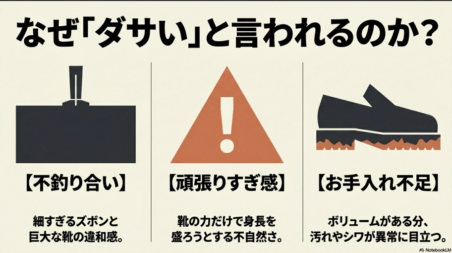 「頑張りすぎ感」「不釣り合い」「お手入れ不足」というダサく見える3つの原因を解説した画像。