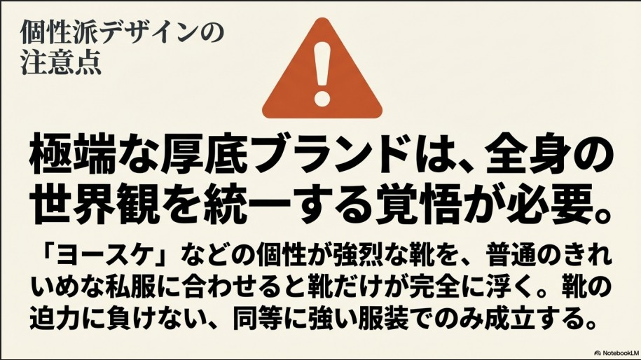 ヨースケなどの個性が強いブランドを履く際の、世界観統一の重要性を説くスライド。