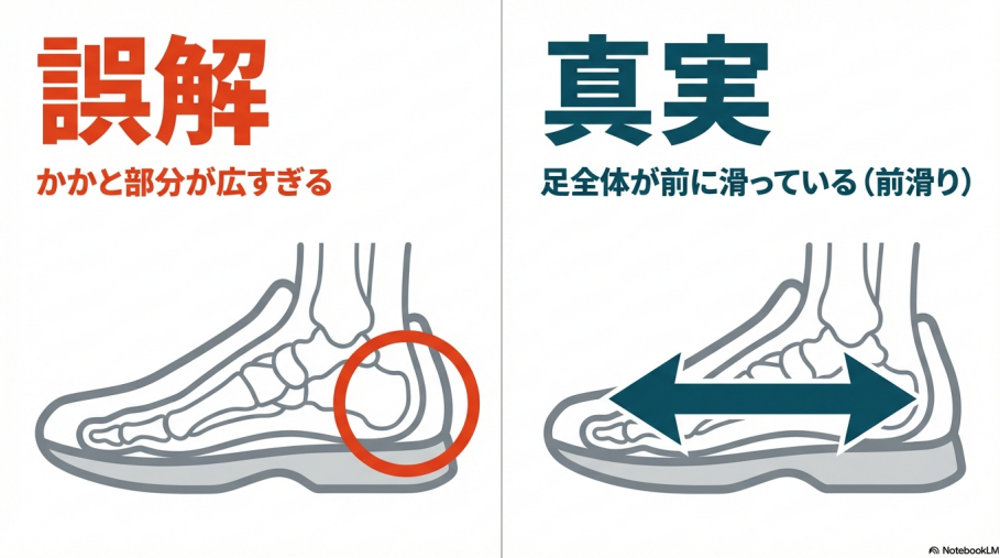 「かかと部分が広すぎる」という誤解と、「足全体が前に滑っている」という真実を比較した図解スライド。