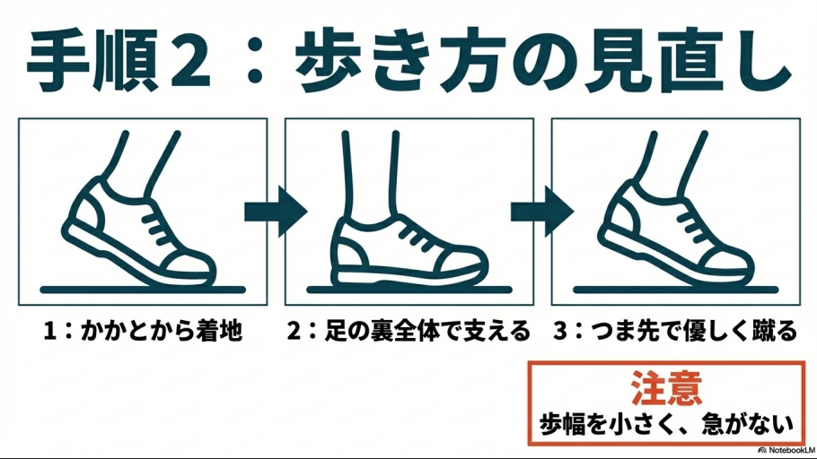 かかとから着地し、足裏全体で支え、つま先で蹴るという3ステップの歩行術と、歩幅を小さくする注意点を示すスライド。