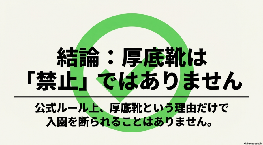 ディズニー公式ルール上、厚底靴という理由だけで入園禁止にはならないことを示す解説スライド