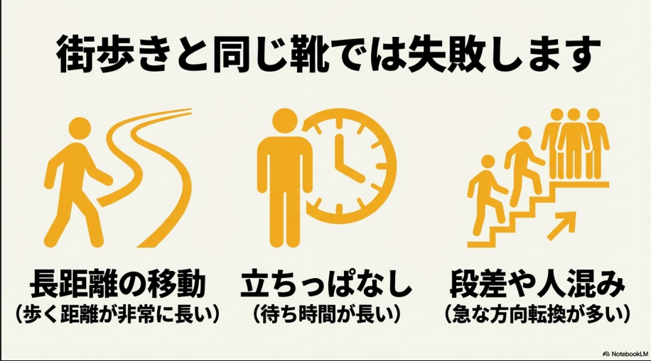 長距離移動、待ち時間、段差、人混みなど、ディズニー特有の過酷な歩行条件の解説スライド