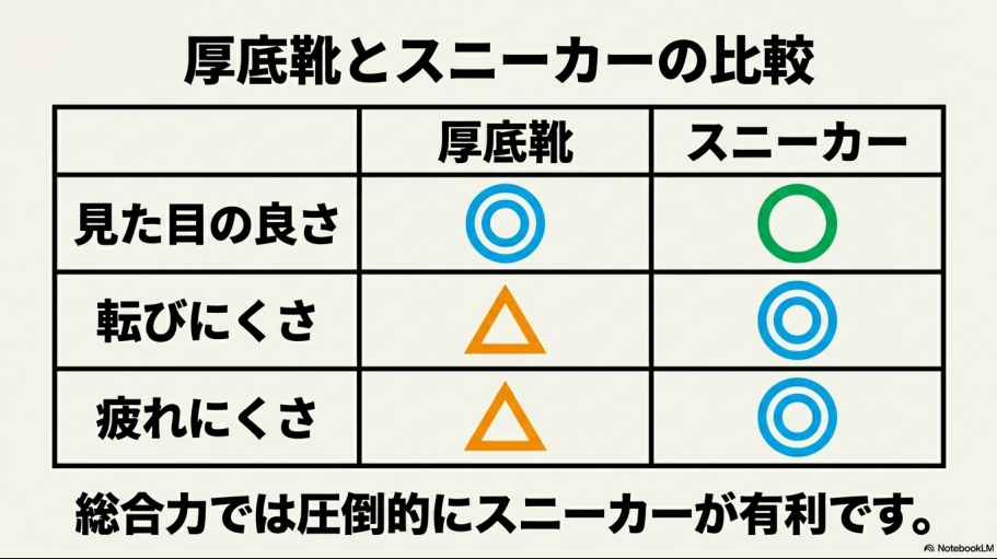 厚底靴とスニーカーの見た目、転びにくさ、疲れにくさを比較した総合評価表
