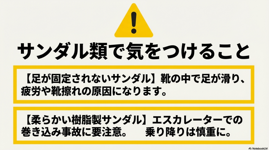 足が固定されないサンダルの疲労リスクや、樹脂製サンダルのエスカレーター事故への注意喚起