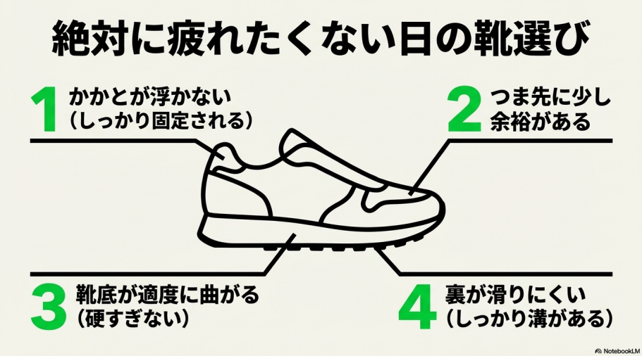 かかとの固定、つま先の余裕、靴底の屈曲性、滑り止めなど、疲れにくい靴選びの4つのポイント