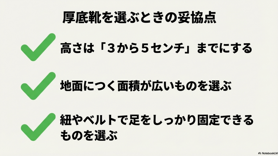 厚底靴を選ぶ際の高さ（3〜5cm）、接地面積、固定力の妥協点に関するアドバイス