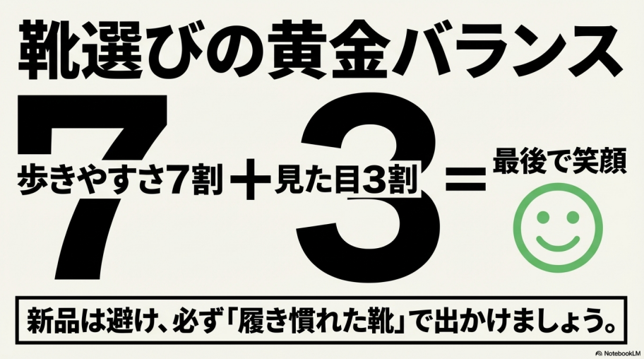歩きやすさ7割・見た目3割の黄金バランスと、履き慣れた靴を推奨するまとめ画像