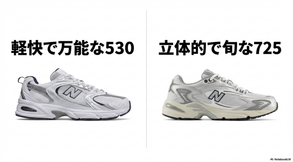 軽快で万能なデザインの530と、立体的で旬なボリューム感を持つ725の外観比較画像