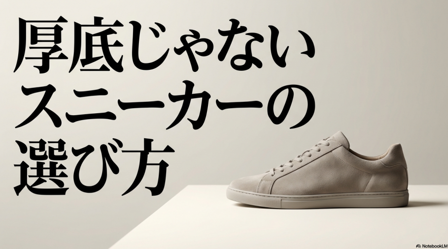 「厚底じゃないスニーカーの選び方」という文字が書かれたタイトルスライド。