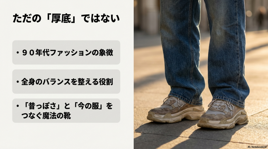 90年代ファッションの象徴としての役割や、昔っぽさと今の服をつなぐ魔法の靴であることを解説したスライド