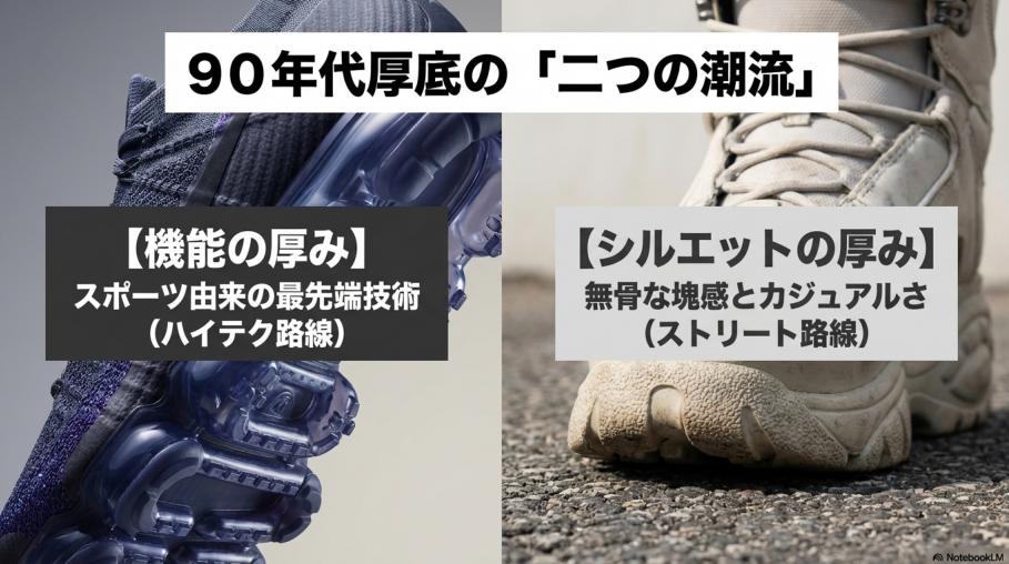 機能の厚み（ハイテク路線）とシルエットの厚み（ストリート路線）の2つの流れを説明するスライド