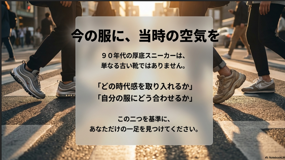 今の服に当時の空気を取り入れるための、選び方の基準をまとめた最終スライド