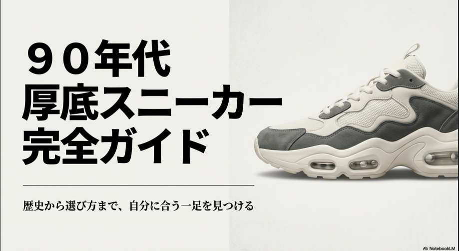「90年代厚底スニーカー完全ガイド 歴史から選び方まで自分に合う一足を見つける」と書かれた表紙スライド