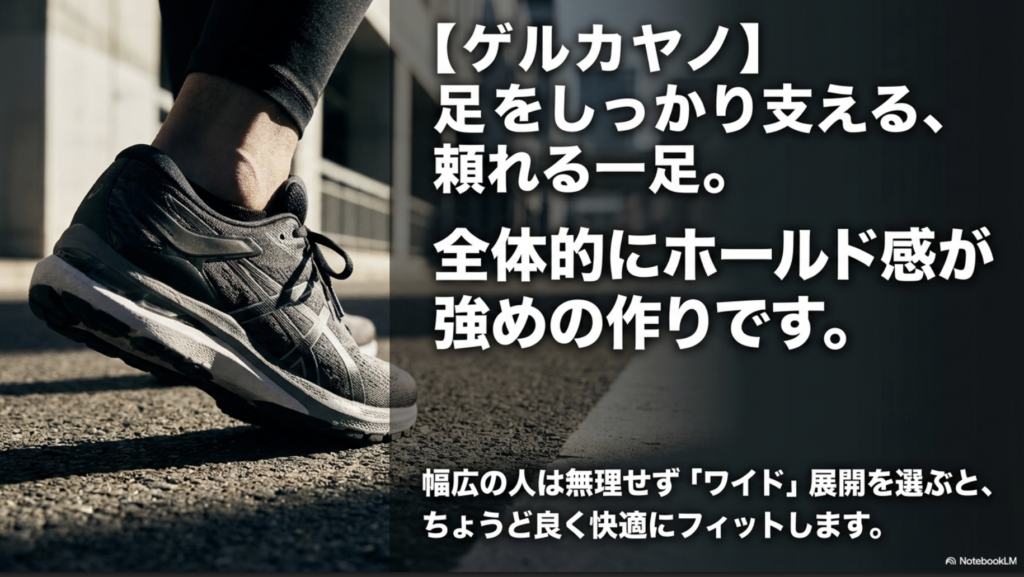 ホールド感が強めのゲルカヤノ。幅広の人はワイド展開を選ぶのがおすすめという解説。