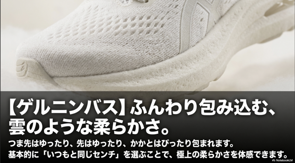 つま先ゆったり、かかとぴったりのゲルニンバス。いつもと同じサイズで柔らかさを体感。